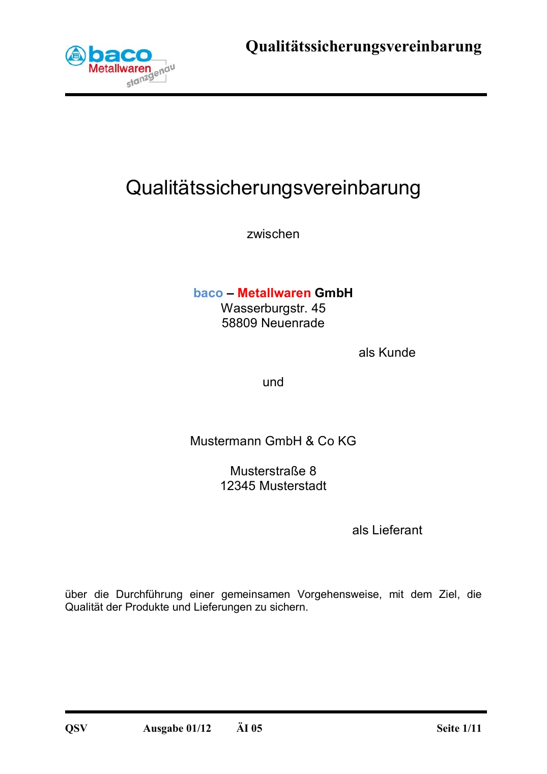 Erste Seite der Qualitätssicherungsvereinbarung der baco Metallwaren GmbH