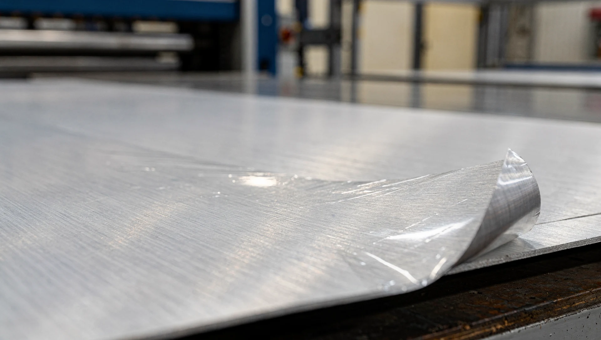 Gebürstetes Aluminiumblech mit abgezogener Schutzfolie an einer Ecke